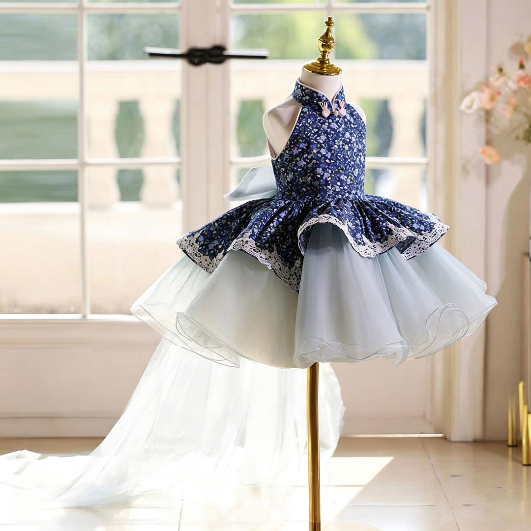 Elegant Blue Flower Girl Dress with Halter Neck Floral Print Layered Ruffle Tulle Girls Birthday Party Gown D286 Blue / child-10
