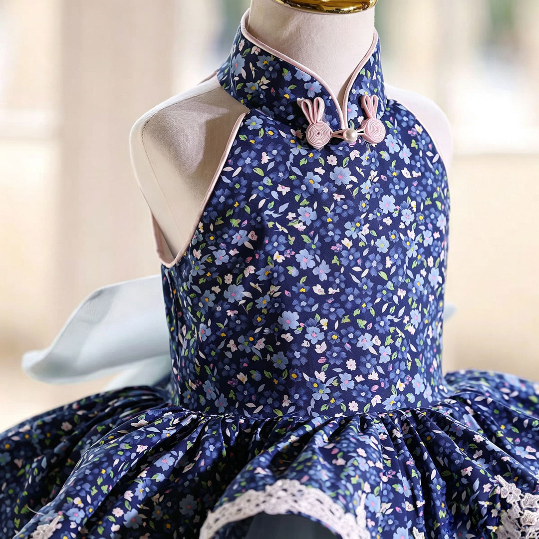 Elegant Blue Flower Girl Dress with Halter Neck Floral Print Layered Ruffle Tulle Girls Birthday Party Gown D286 Blue / child-10