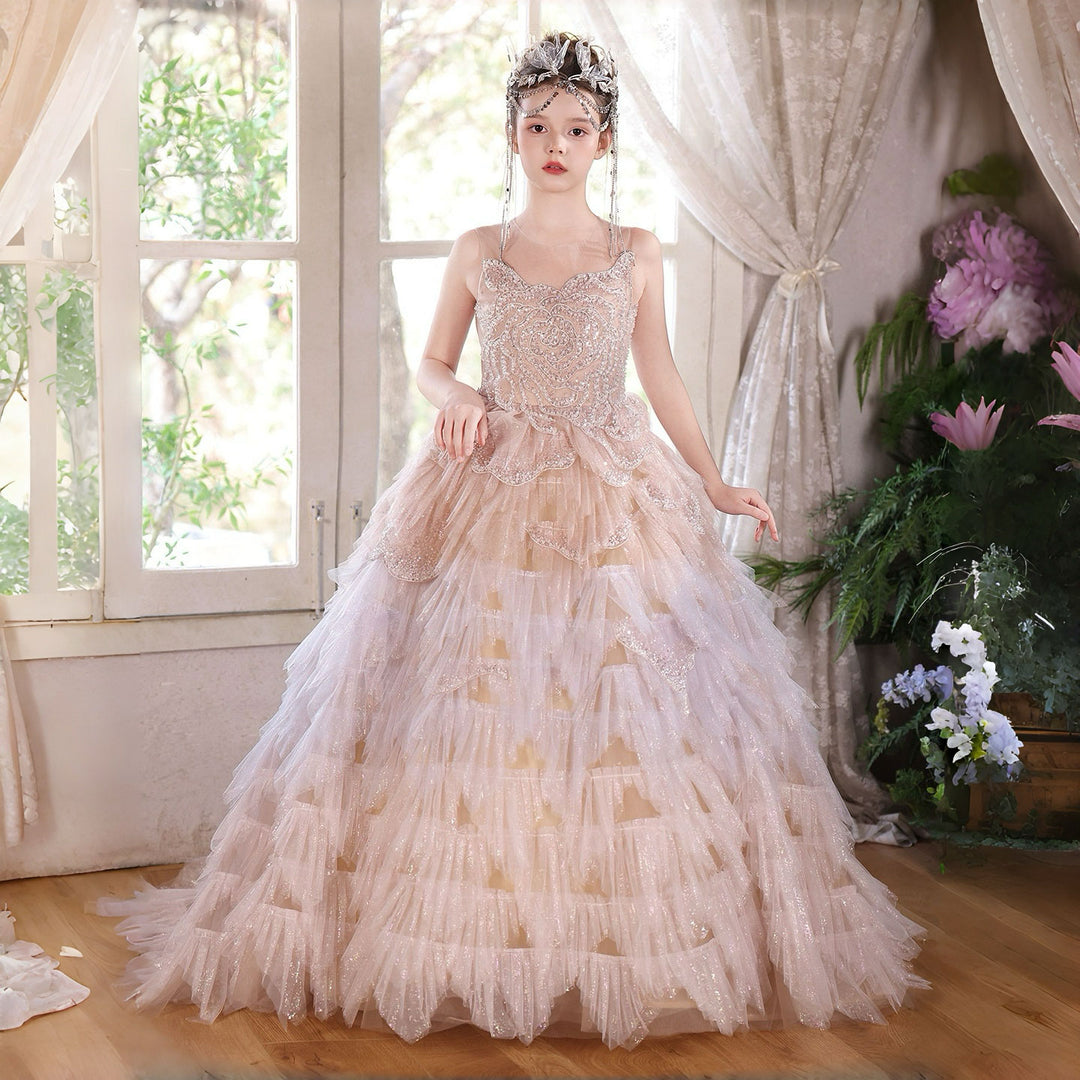 Luxury Champagne Flower Girl Dress Sequin Ruffled Tulle Ball Gown for Weddings & Pageants J004 Luxury Champagne Flower Girl Dress Sequin Ruffled Tulle Ball Gown for Weddings & Pageants J004