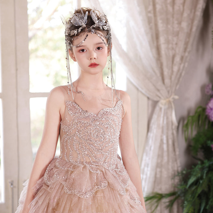 Luxury Champagne Flower Girl Dress Sequin Ruffled Tulle Ball Gown for Weddings & Pageants J004