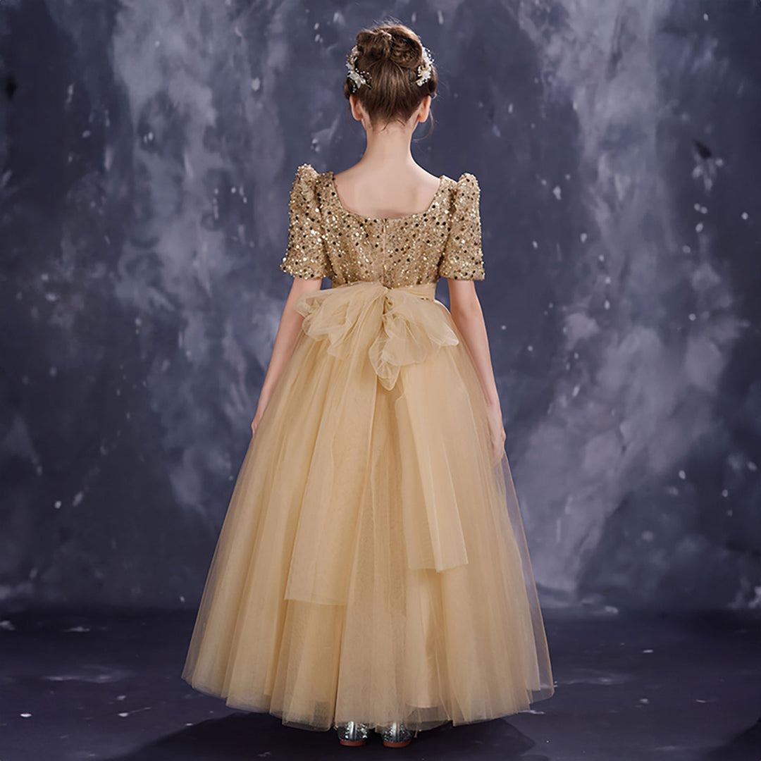 Sparkly Champagne Flower Girl Dress Sequin Bow Waist Tulle Party Dress for Weddings D349