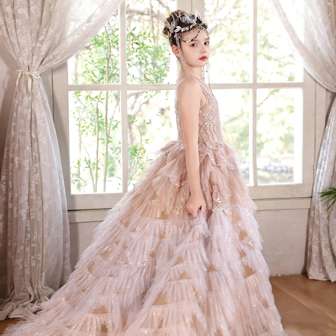 Luxury Champagne Flower Girl Dress Sequin Ruffled Tulle Ball Gown for Weddings & Pageants J004