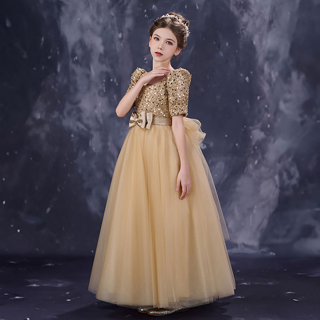 Sparkly Champagne Flower Girl Dress Sequin Bow Waist Tulle Party Dress for Weddings D349 Champagne / child-12
