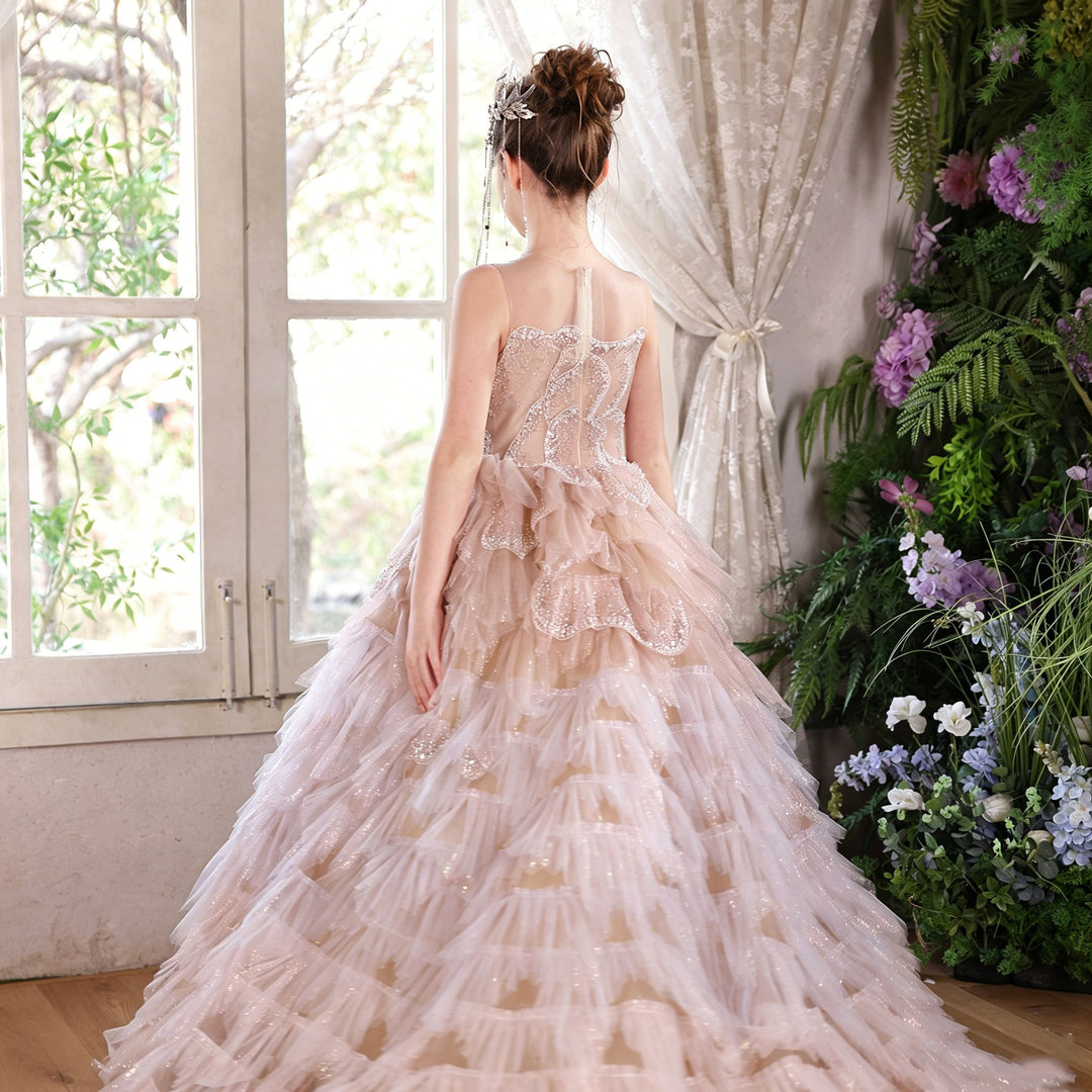 Luxury Champagne Flower Girl Dress Sequin Ruffled Tulle Ball Gown for Weddings & Pageants J004