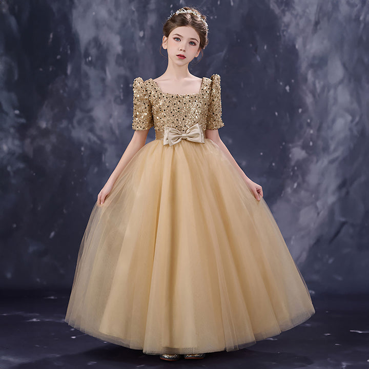 Sparkly Champagne Flower Girl Dress Sequin Bow Waist Tulle Party Dress for Weddings D349