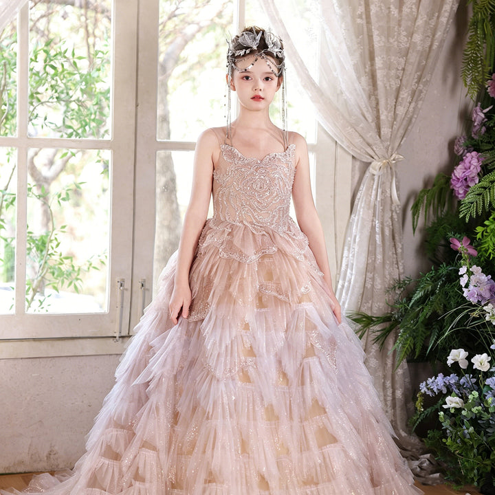 Luxury Champagne Flower Girl Dress Sequin Ruffled Tulle Ball Gown for Weddings & Pageants J004