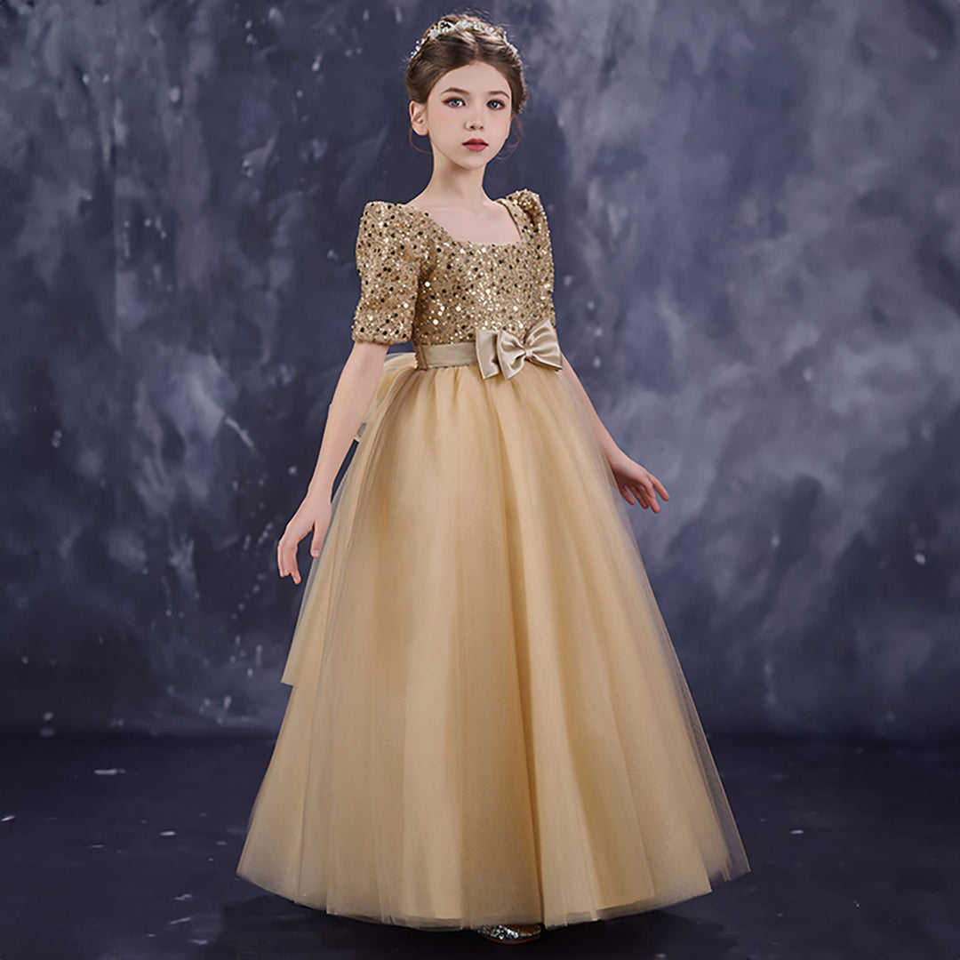 Sparkly Champagne Flower Girl Dress Sequin Bow Waist Tulle Party Dress for Weddings D349