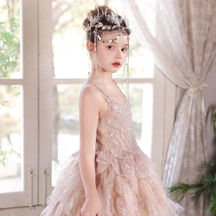 Luxury Champagne Flower Girl Dress Sequin Ruffled Tulle Ball Gown for Weddings & Pageants J004