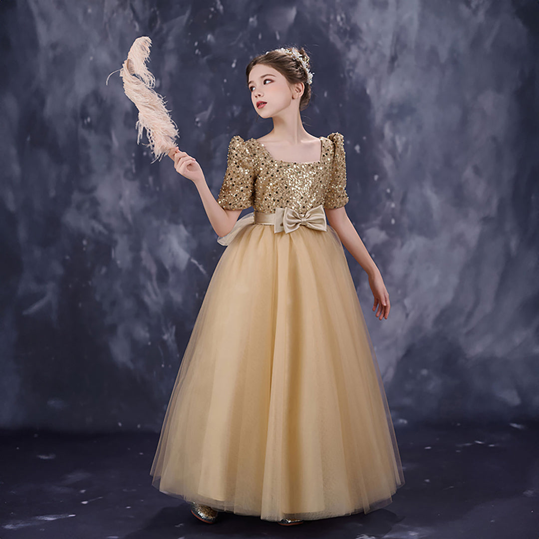 Sparkly Champagne Flower Girl Dress Sequin Bow Waist Tulle Party Dress for Weddings D349