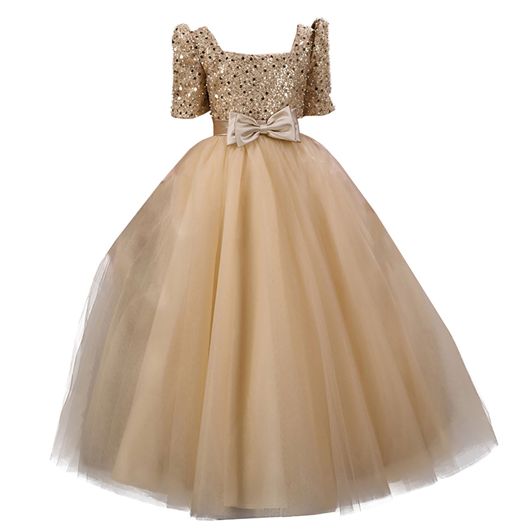 Sparkly Champagne Flower Girl Dress Sequin Bow Waist Tulle Party Dress for Weddings D349