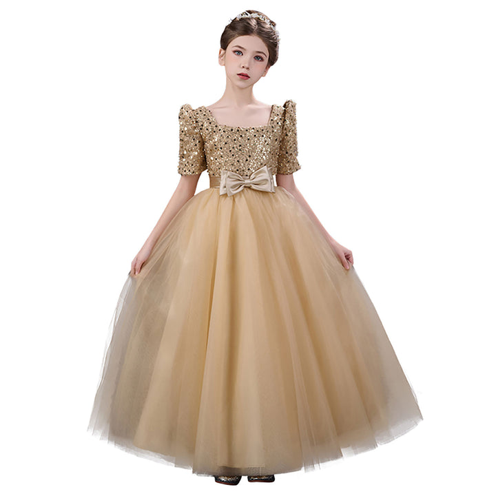 Sparkly Champagne Flower Girl Dress Sequin Bow Waist Tulle Party Dress for Weddings D349