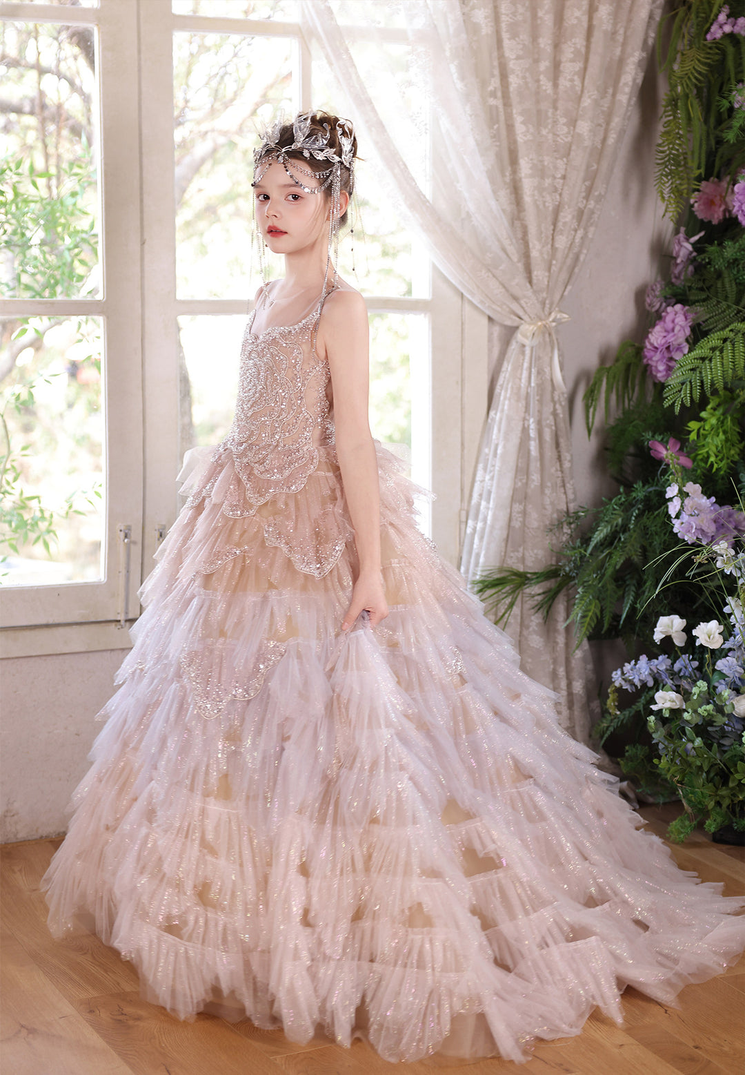 Luxury Champagne Flower Girl Dress Sequin Ruffled Tulle Ball Gown for Weddings & Pageants J004