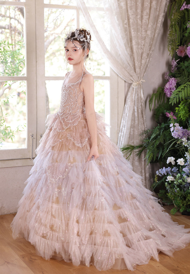 Luxury Champagne Flower Girl Dress Sequin Ruffled Tulle Ball Gown for Weddings & Pageants J004