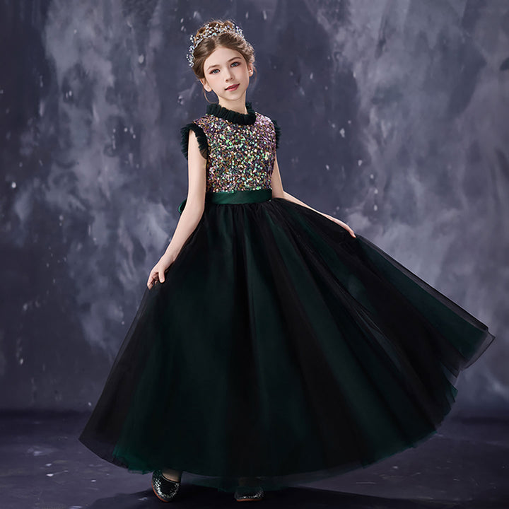 Gorgeous Dark Green Flower Girl Dress with Sparkly Sequins High Neck Glitter Tulle Evening Party Gown D357