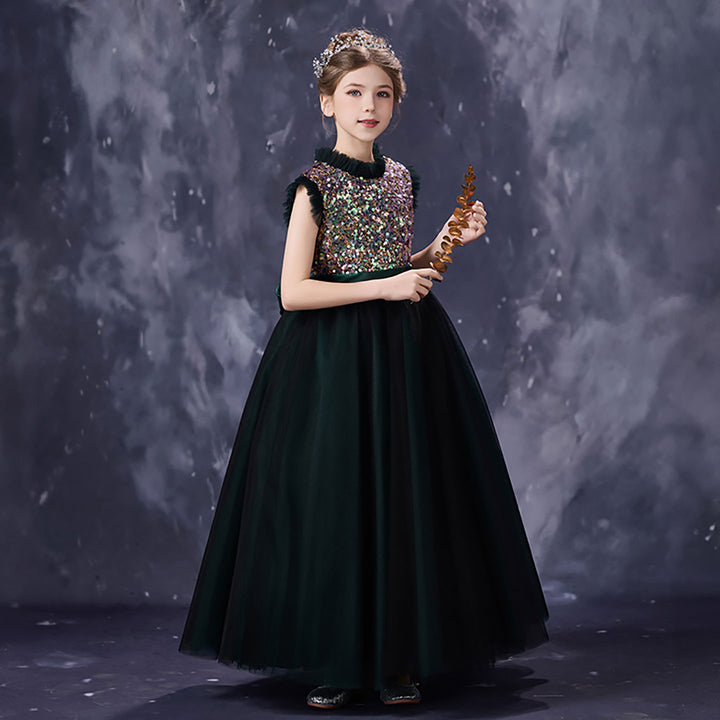 Gorgeous Dark Green Flower Girl Dress with Sparkly Sequins High Neck Glitter Tulle Evening Party Gown D357