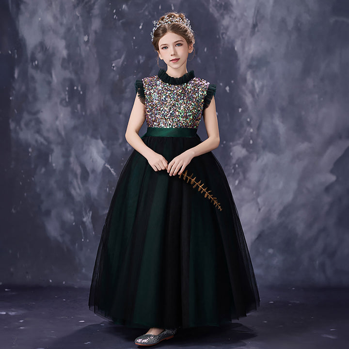 Gorgeous Dark Green Flower Girl Dress with Sparkly Sequins High Neck Glitter Tulle Evening Party Gown D357