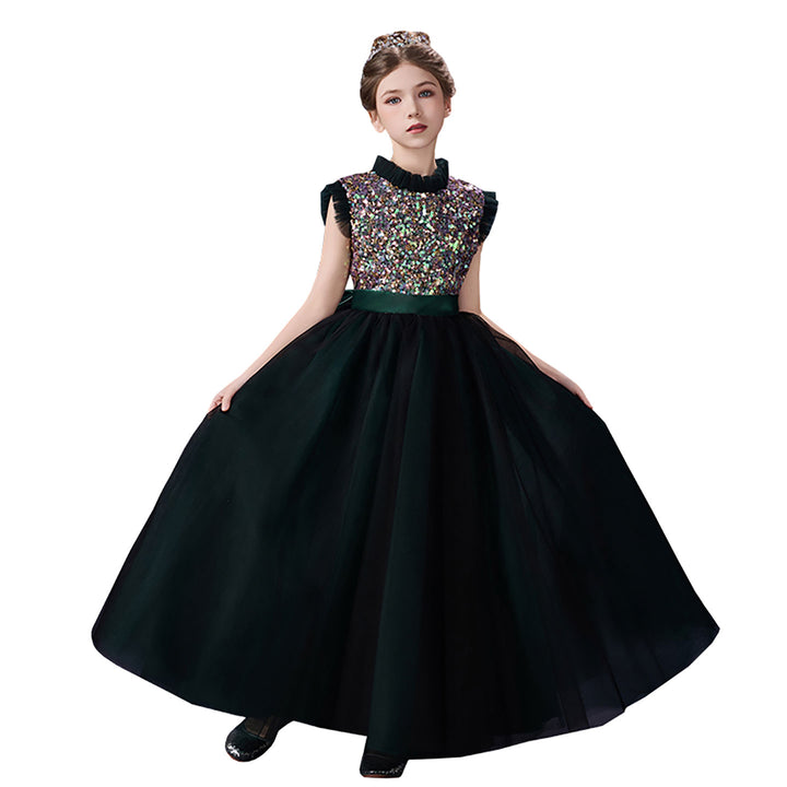 Gorgeous Dark Green Flower Girl Dress with Sparkly Sequins High Neck Glitter Tulle Evening Party Gown D357
