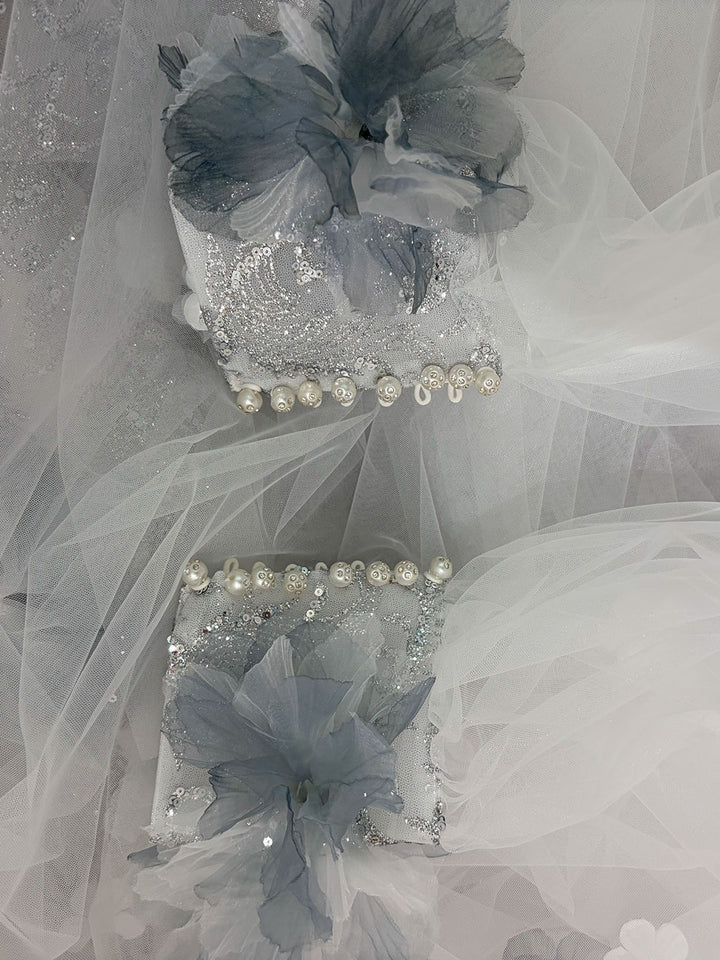 Dusty Blue 3D Floral Crystal Beaded Princess Wedding Ball Gown for Flower Girls Dress W105