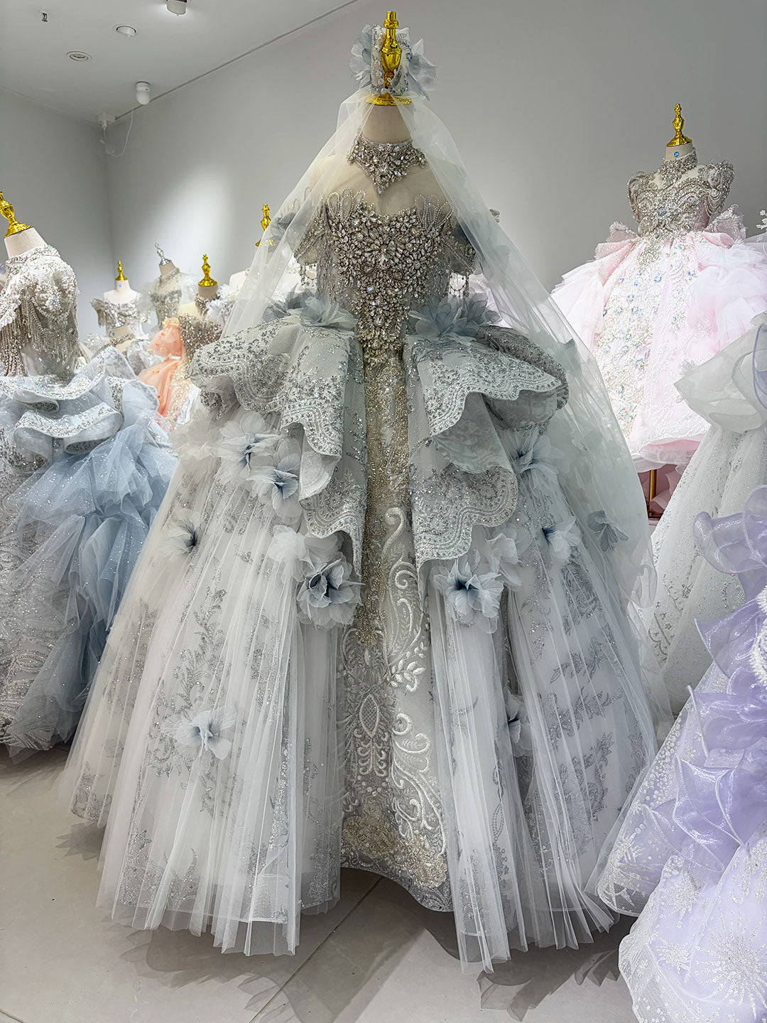 Dusty Blue 3D Floral Crystal Beaded Princess Wedding Ball Gown for Flower Girls Dress W105