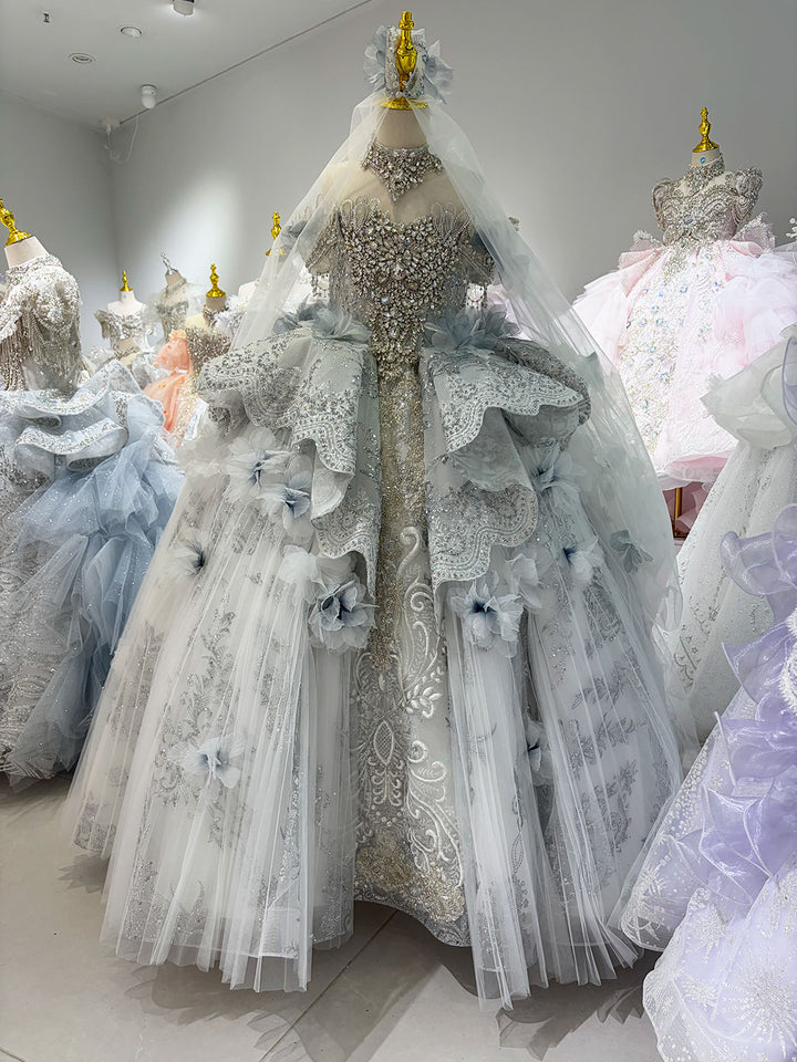Dusty Blue 3D Floral Crystal Beaded Princess Wedding Ball Gown for Flower Girls Dress W105