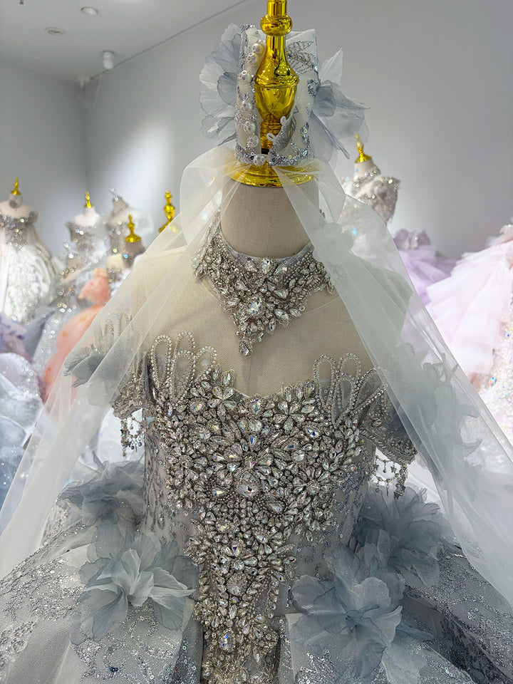 Dusty Blue 3D Floral Crystal Beaded Princess Wedding Ball Gown for Flower Girls Dress W105
