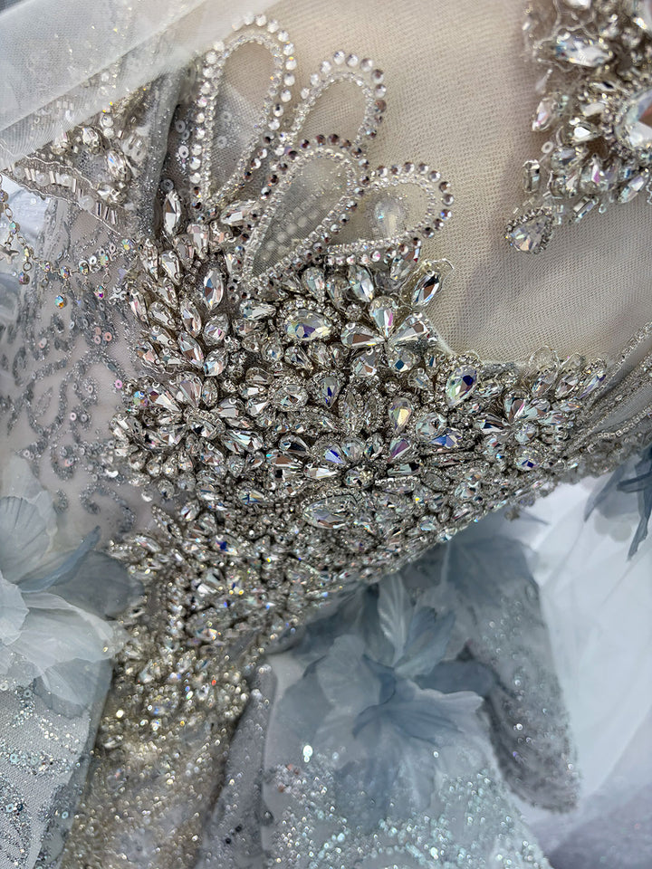 Dusty Blue 3D Floral Crystal Beaded Princess Wedding Ball Gown for Flower Girls Dress W105