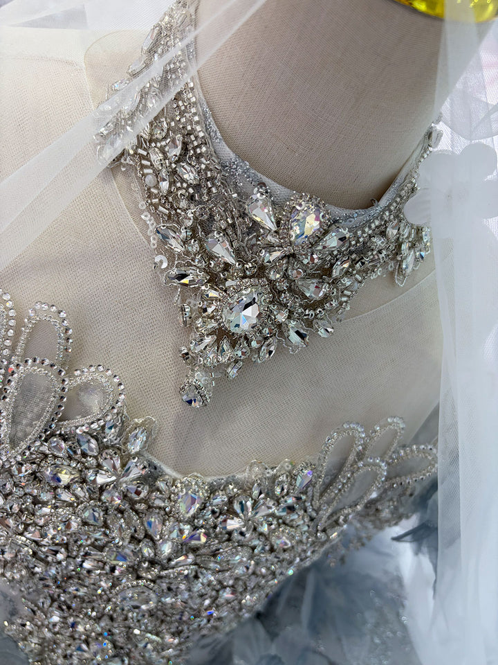 Dusty Blue 3D Floral Crystal Beaded Princess Wedding Ball Gown for Flower Girls Dress W105
