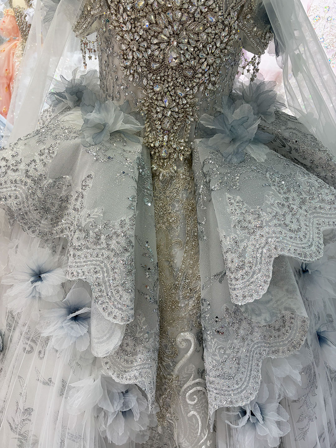 Dusty Blue 3D Floral Crystal Beaded Princess Wedding Ball Gown for Flower Girls Dress W105