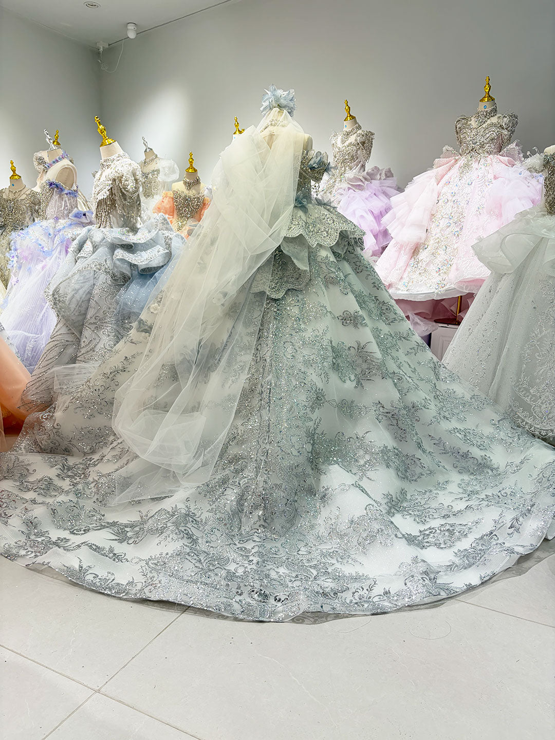 Dusty Blue 3D Floral Crystal Beaded Princess Wedding Ball Gown for Flower Girls Dress W105
