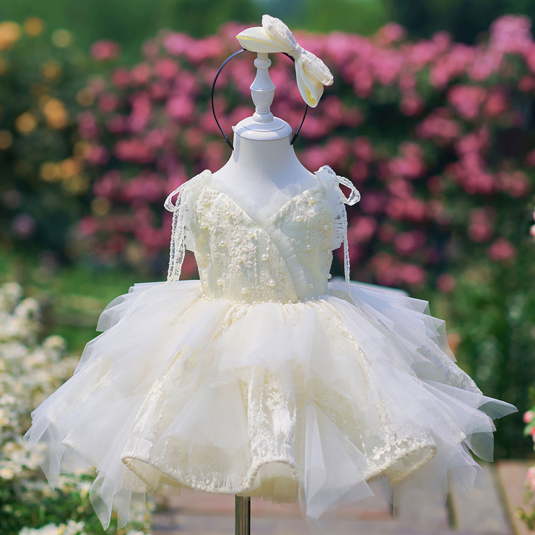 Vintage Champagne Flower Girl Dress with Floral Embroidery Toddler Girls Fluffy Tulle Wedding Ball Gown J912