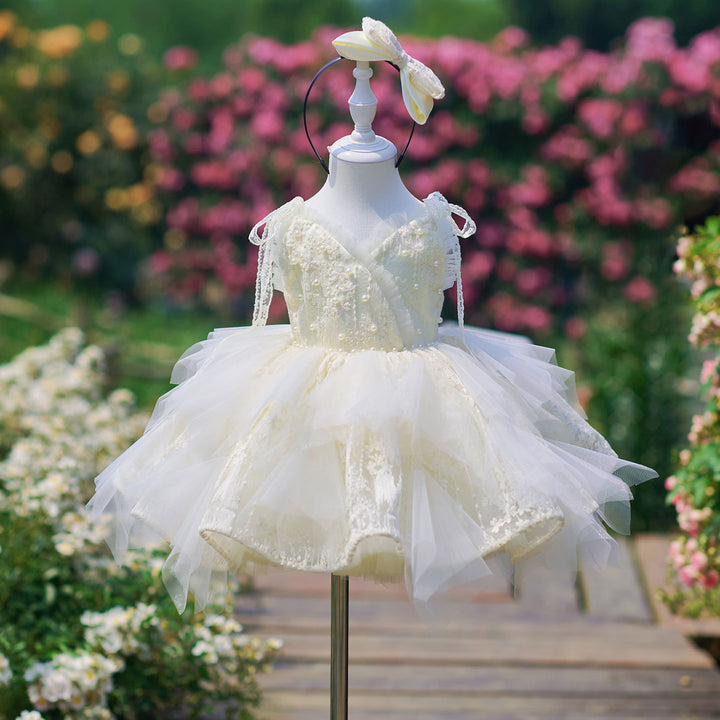 Vintage Champagne Flower Girl Dress with Floral Embroidery Toddler Girls Fluffy Tulle Wedding Ball Gown J912