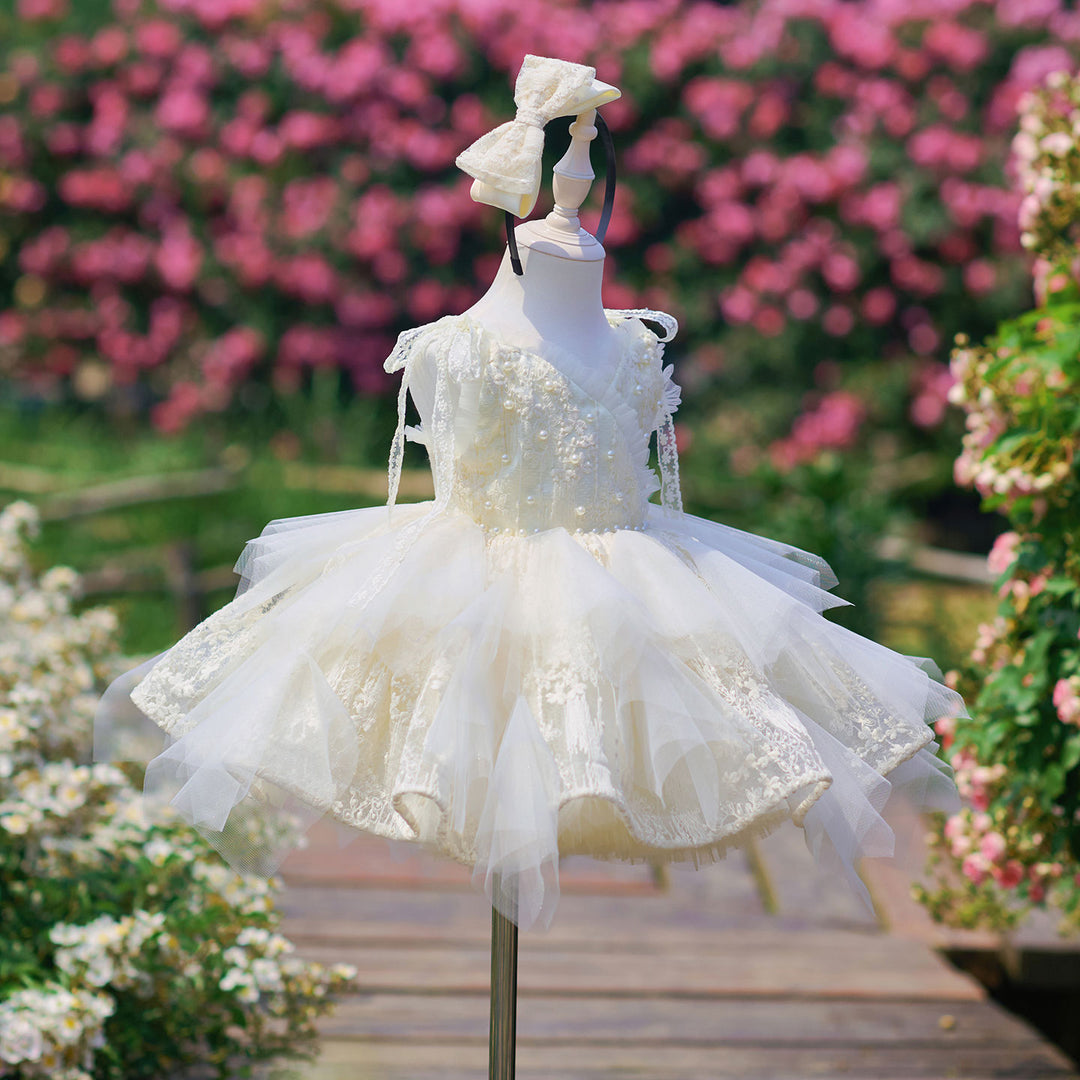 Vintage Champagne Flower Girl Dress with Floral Embroidery Toddler Girls Fluffy Tulle Wedding Ball Gown J912 Champagne / child-8