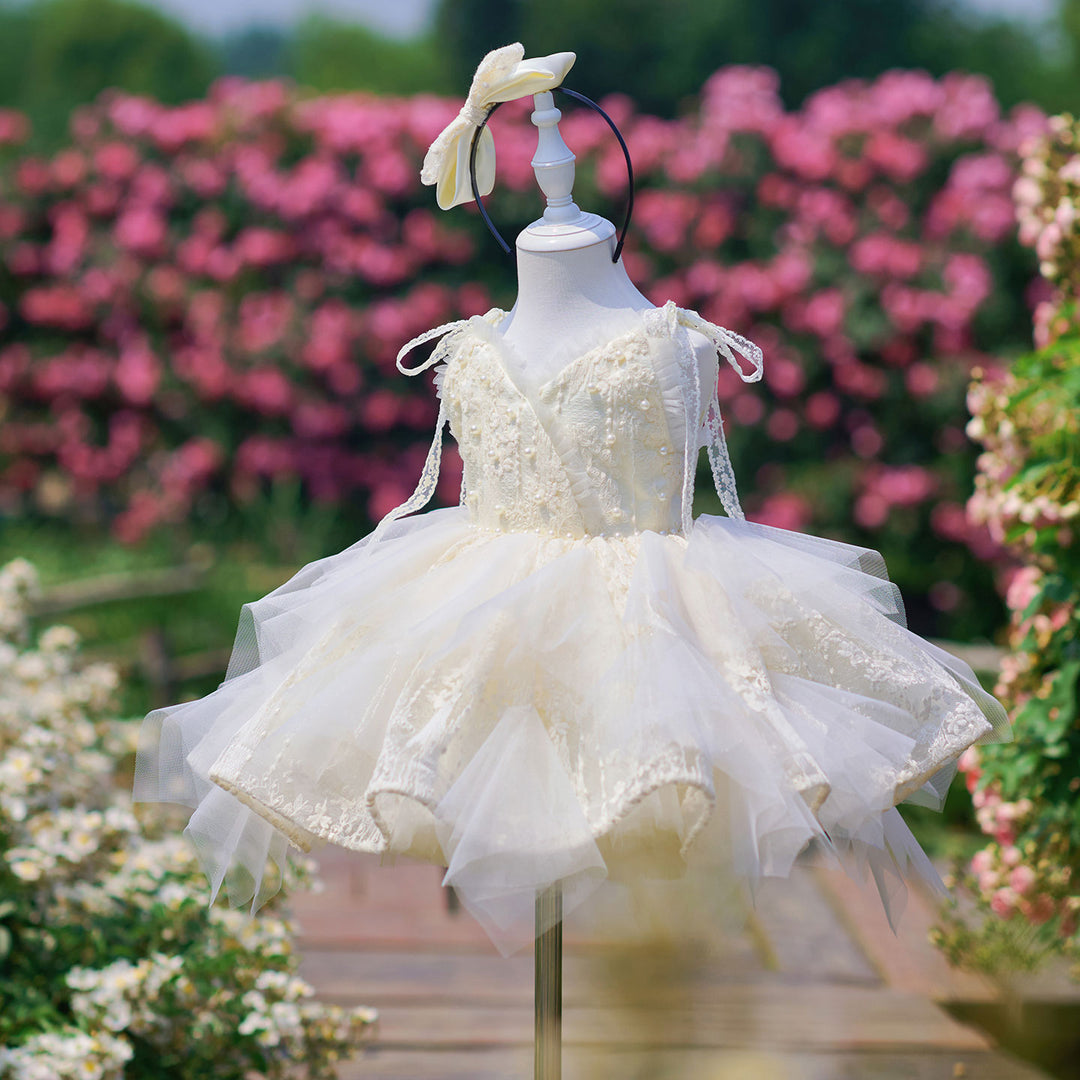 Vintage Champagne Flower Girl Dress with Floral Embroidery Toddler Girls Fluffy Tulle Wedding Ball Gown J912