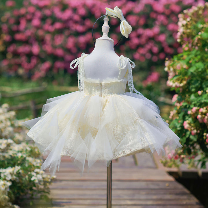 Vintage Champagne Flower Girl Dress with Floral Embroidery Toddler Girls Fluffy Tulle Wedding Ball Gown J912