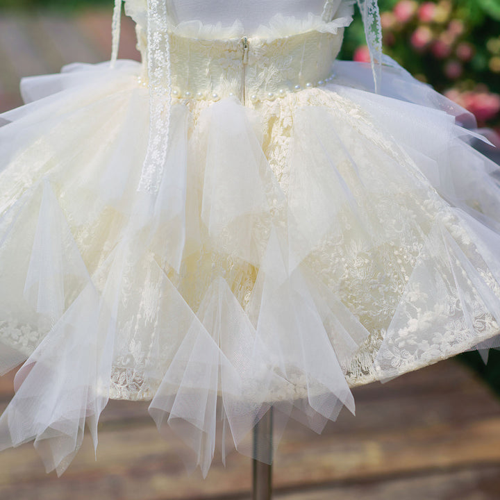 Vintage Champagne Flower Girl Dress with Floral Embroidery Toddler Girls Fluffy Tulle Wedding Ball Gown J912