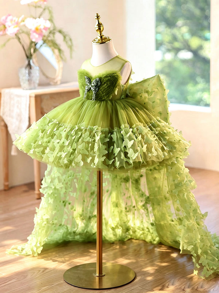 Green 3D Butterfly Tulle Flower Girl Dress with Detachable Train J430