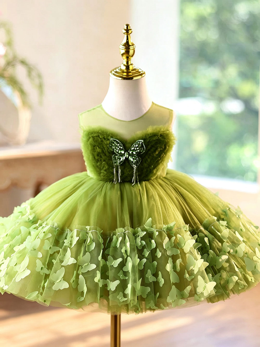 Green 3D Butterfly Tulle Flower Girl Dress with Detachable Train J430
