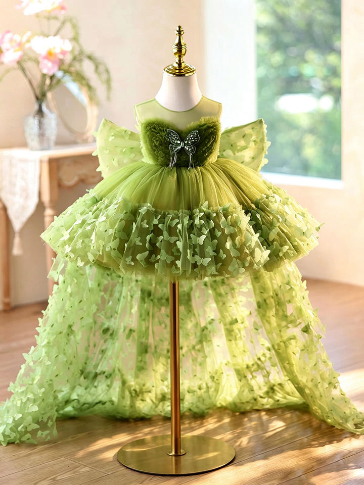 Green 3D Butterfly Tulle Flower Girl Dress with Detachable Train J430