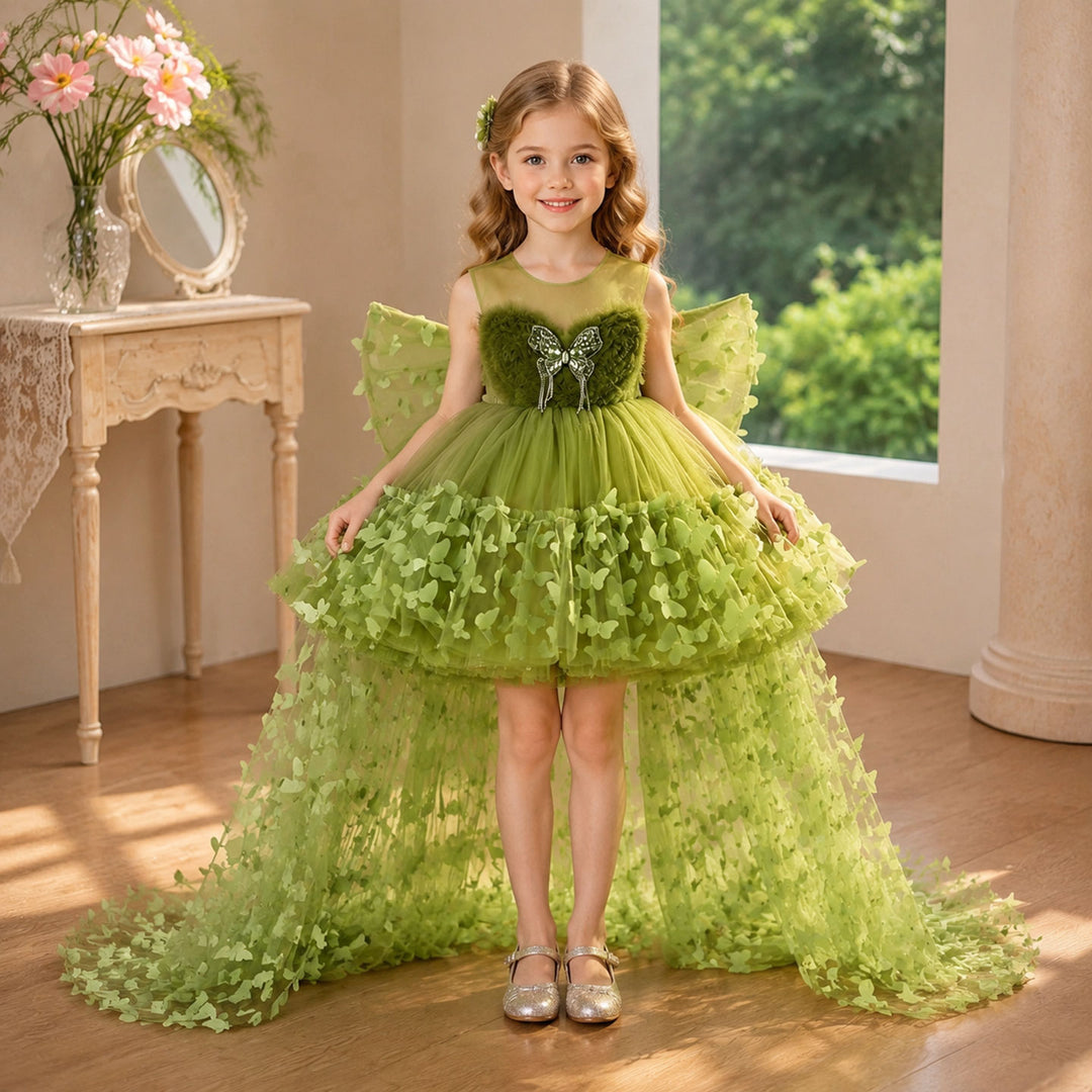 Green 3D Butterfly Tulle Flower Girl Dress with Detachable Train J430
