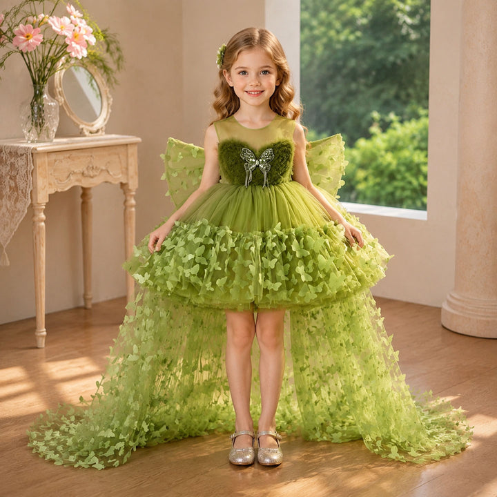 Green 3D Butterfly Tulle Flower Girl Dress with Detachable Train J430