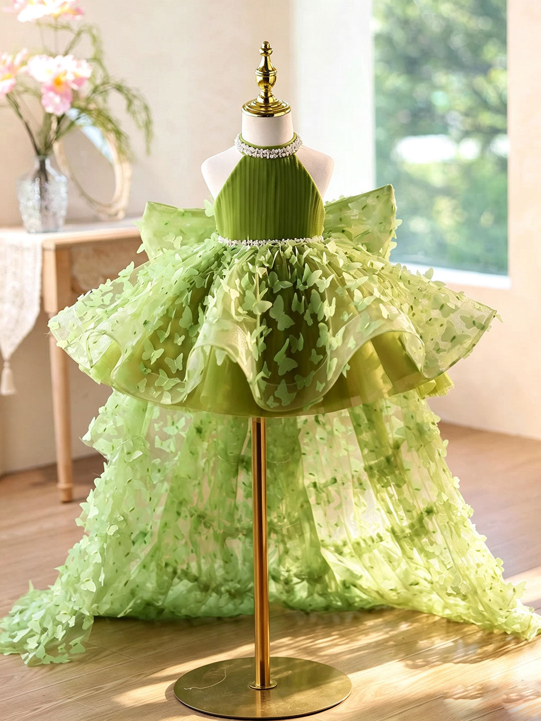 Green Halter Butterfly Tulle Flower Girl Dress with Long Train J430B