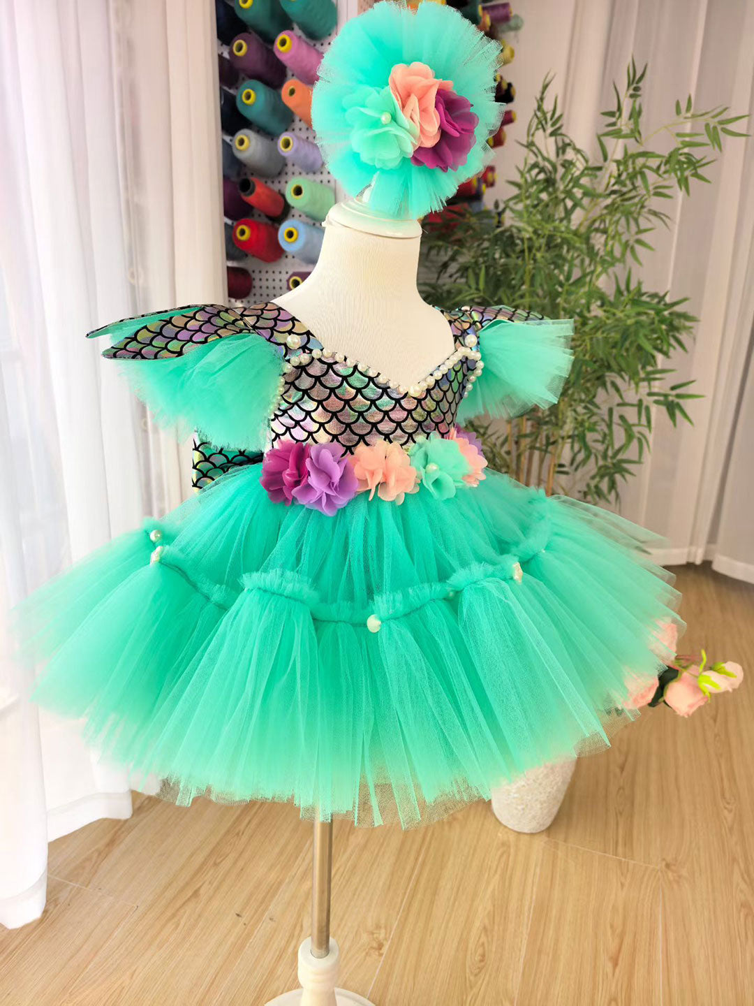 Sage Green Mermaid Princess Dress for Girls with Sequin Bodice Tulle Ball Gown D291