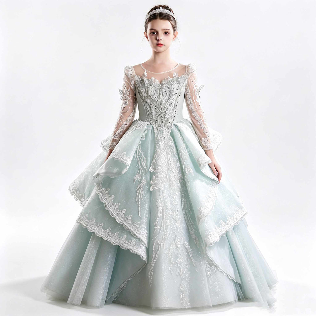 Jillwish J067 sage green long sleeve lace applique princess ball gown flower girl dress