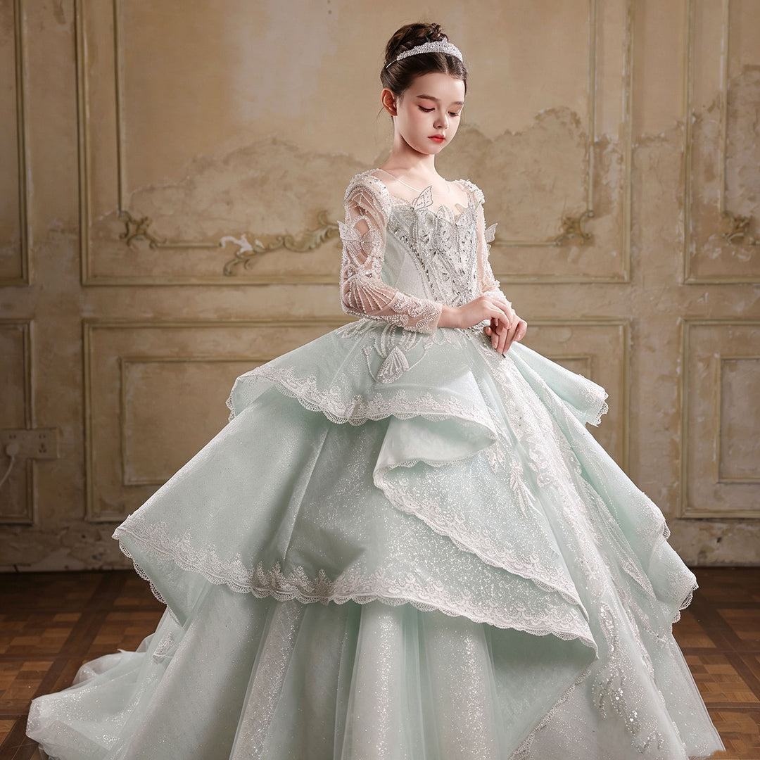 Jillwish J067 sage green long sleeve lace applique princess ball gown flower girl dress