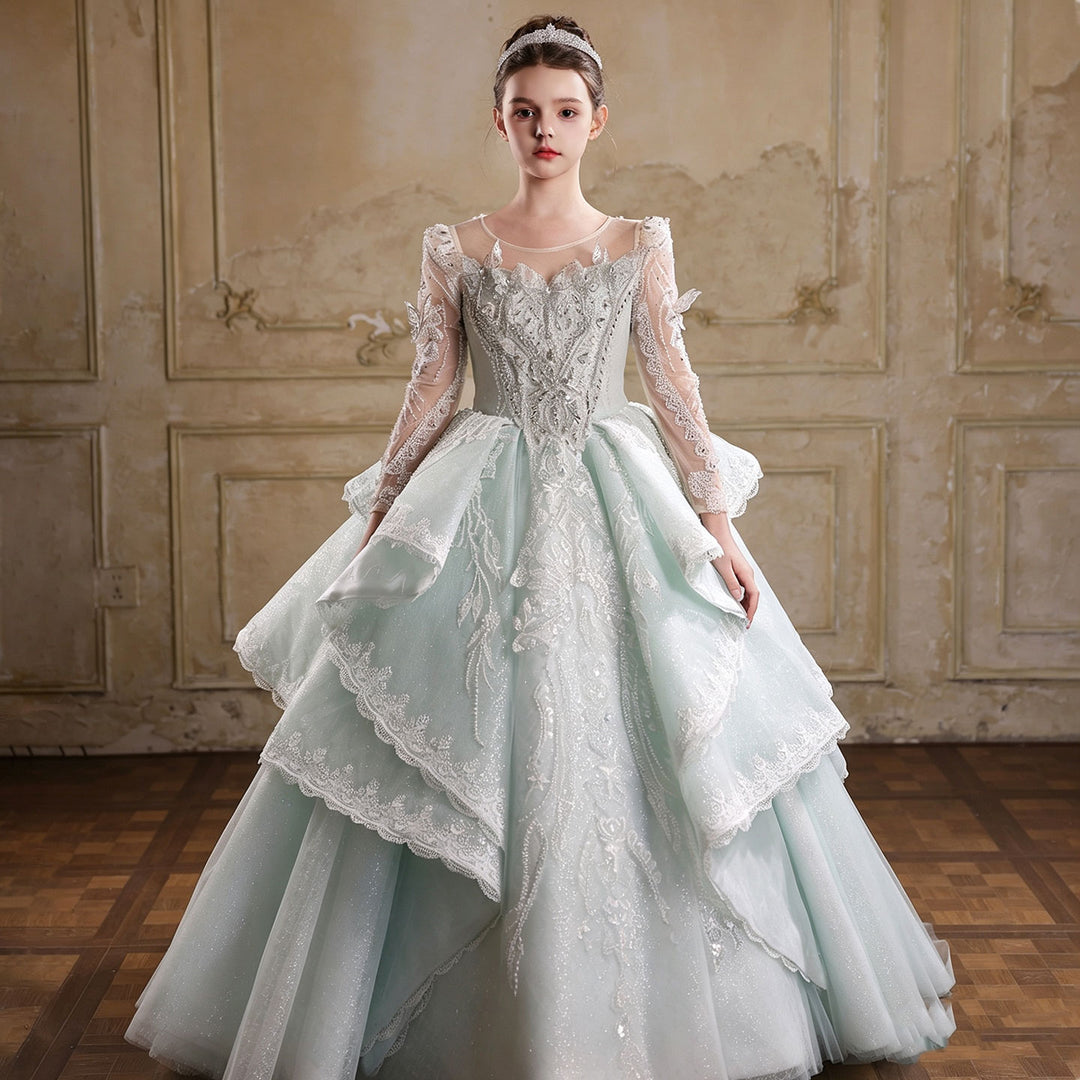 Jillwish J067 sage green long sleeve lace applique princess ball gown flower girl dress