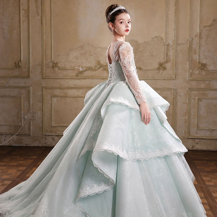 Jillwish J067 sage green long sleeve lace applique princess ball gown flower girl dress