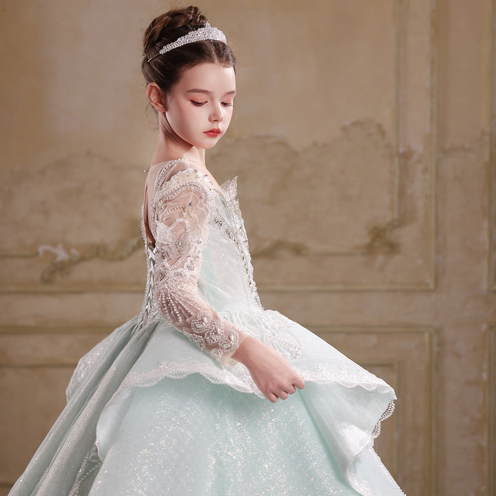 Jillwish J067 sage green long sleeve lace applique princess ball gown flower girl dress