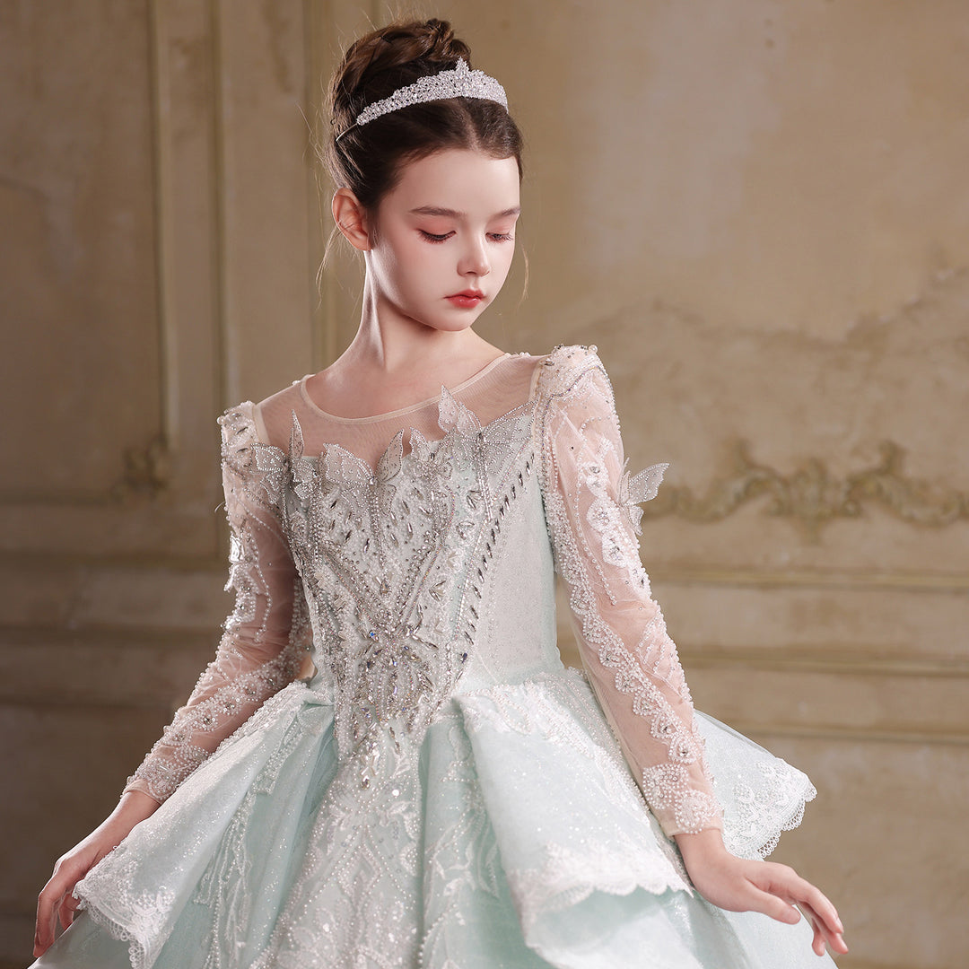 Jillwish J067 sage green long sleeve lace applique princess ball gown flower girl dress
