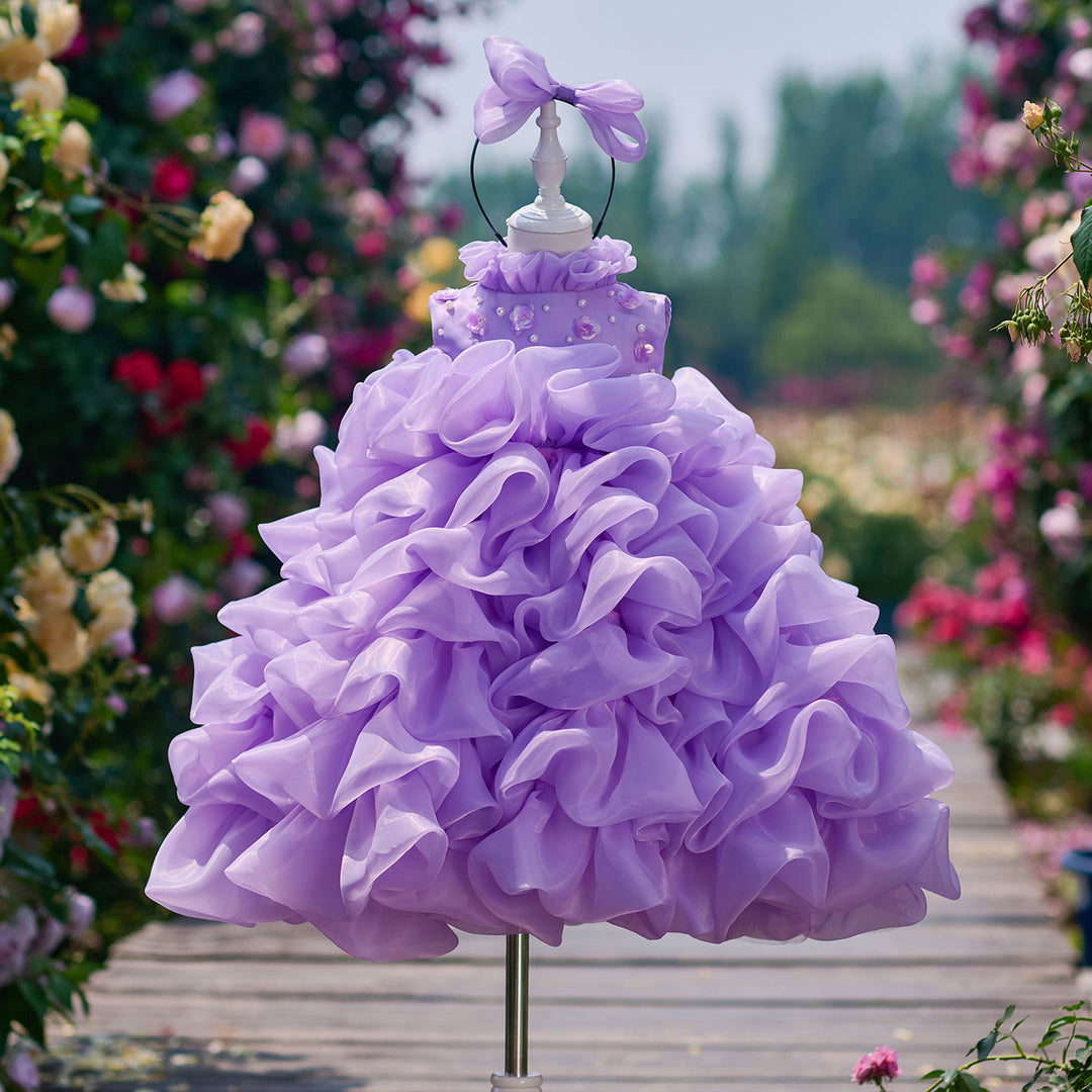 Flower Girl Dress with Pearl Necklin Fluffy Tiered Ruffle Tulle Birthday Pageant Gown D358