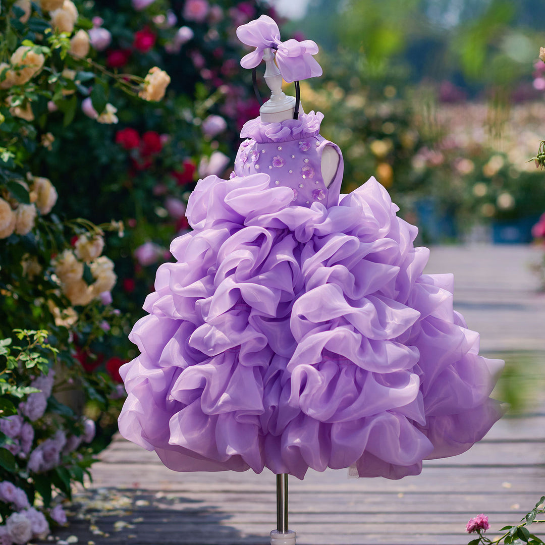 Flower Girl Dress with Pearl Necklin Fluffy Tiered Ruffle Tulle Birthday Pageant Gown D358